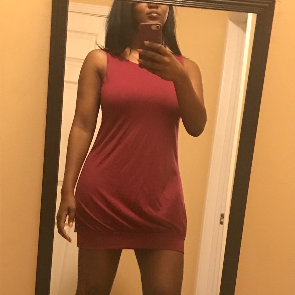 Burgundy Open Back Dress with Black Ring Detail